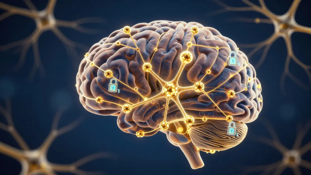 Konzeptionelle Darstellung von Anandamid-Molekülen, die an Rezeptoren im Gehirn andocken.