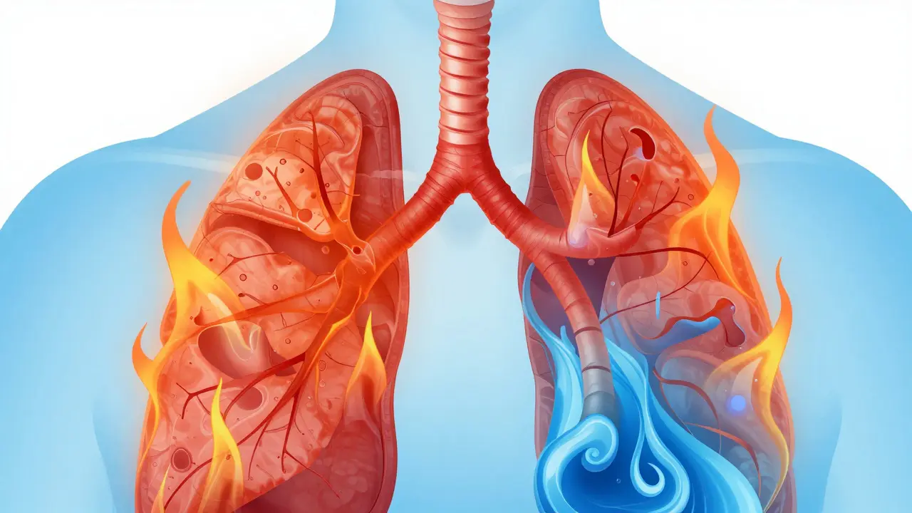 Konzeptuelle Darstellung der Atemwege mit Übergang von Hitze zu kühlender Hydrierung.