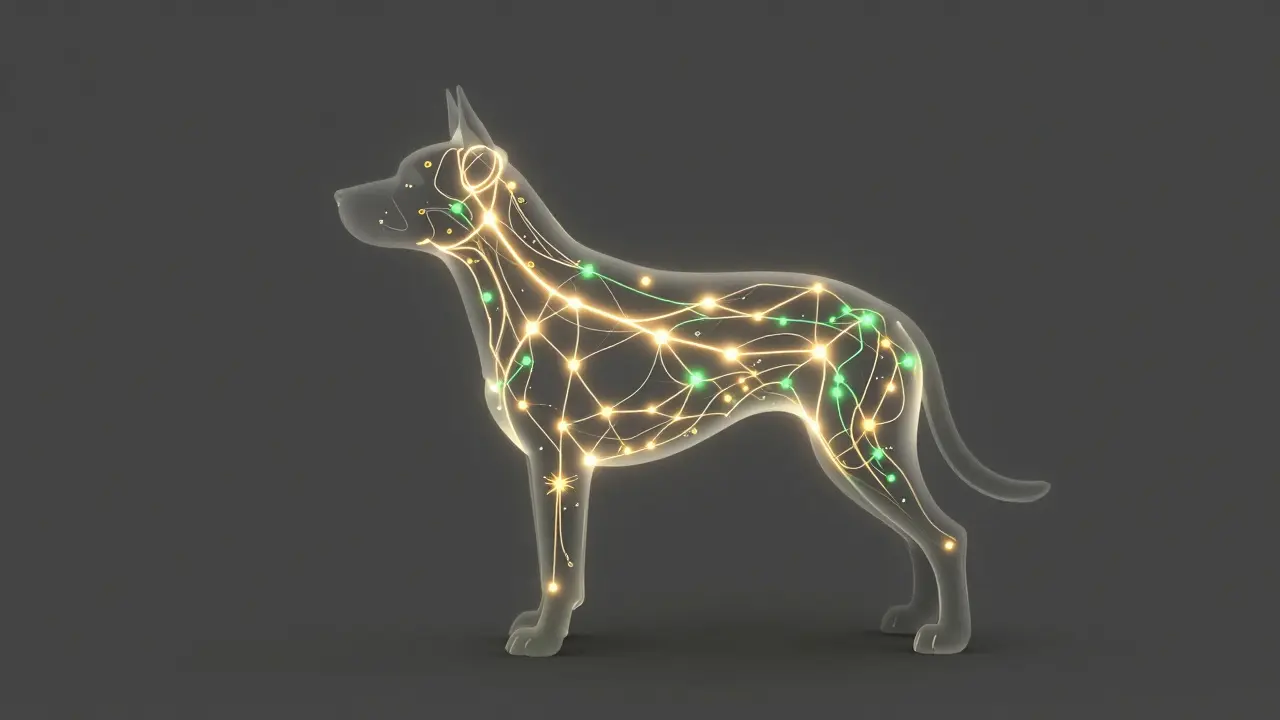Konzeptuelle Darstellung des Endocannabinoid-Systems in einem Hund mit goldenem Licht