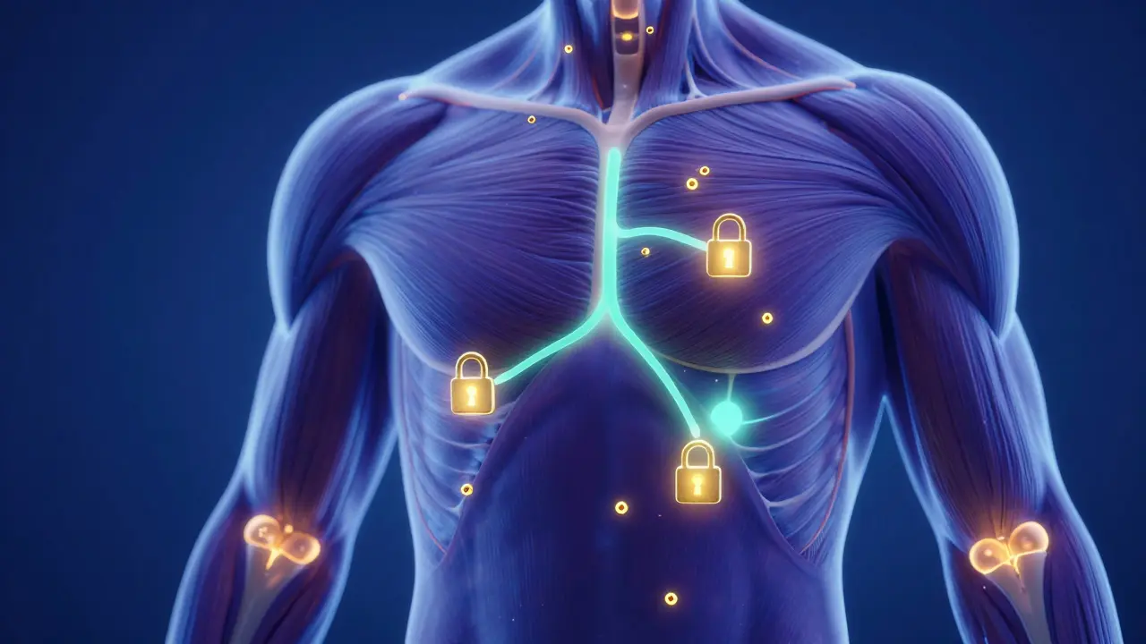 Konzeptuelle Darstellung des Endocannabinoid-Systems mit CBD-Partikeln in den Gelenken.