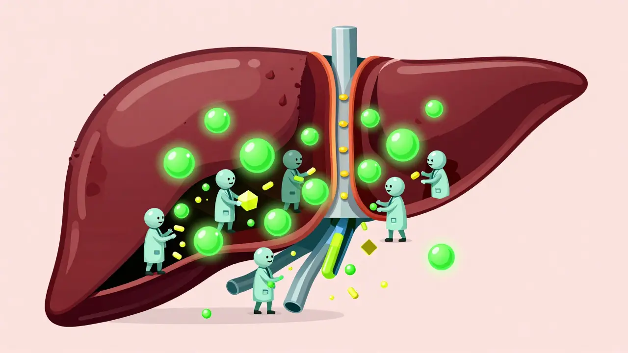 Konzeptuelle Darstellung von CBD-Molekülen, die Leberenzyme blockieren.