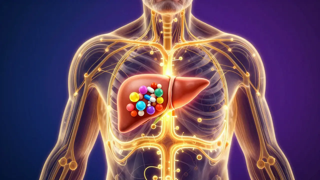 Konzeptuelle Darstellung von CBD-Wechselwirkungen im Körper eines Seniors