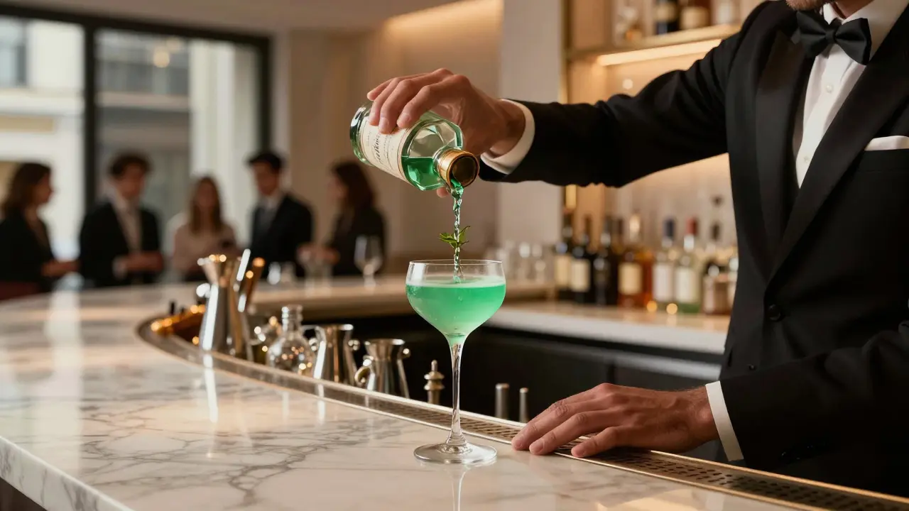 Moderner Barkeeper bereitet einen hochwertigen Cocktail mit Absinth in einer schicken Bar zu.