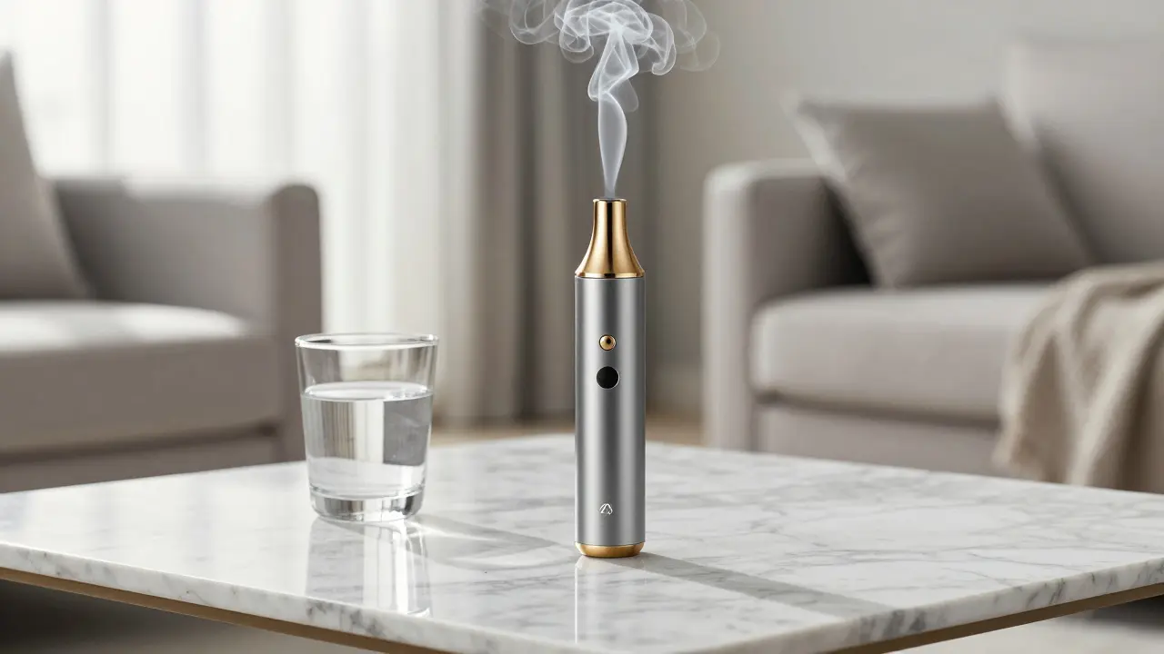 Moderner Vaporizer auf einem Marmortisch in einem hellen Wohnzimmer.