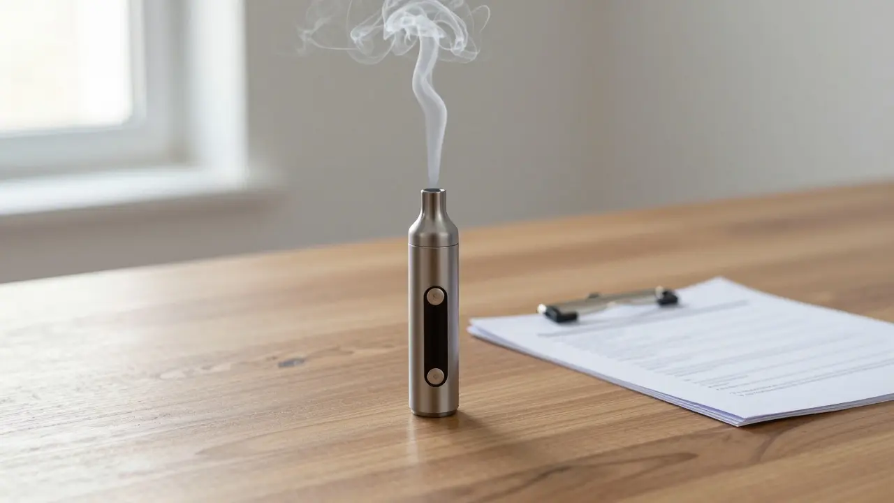 Moderner Vaporizer mit aufsteigendem Dampf auf einem Holztisch.