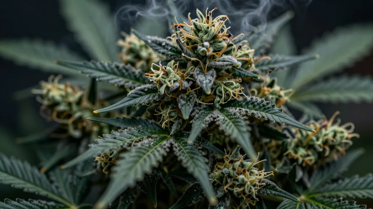 Nahaufnahme einer dichten Indica-Blüte mit Anzeichen von beginnendem Grauschimmel.