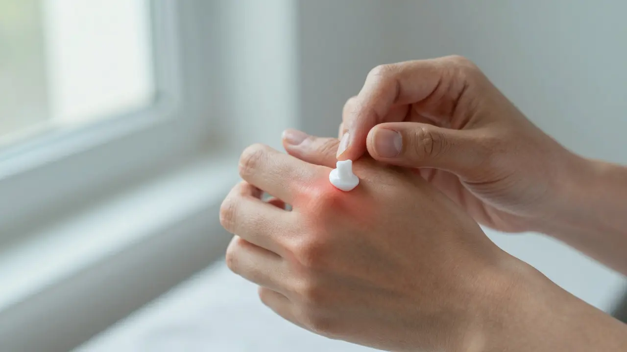 Nahaufnahme einer Hand, die CBD-Balsam auf ein entzündetes Gelenk aufträgt.