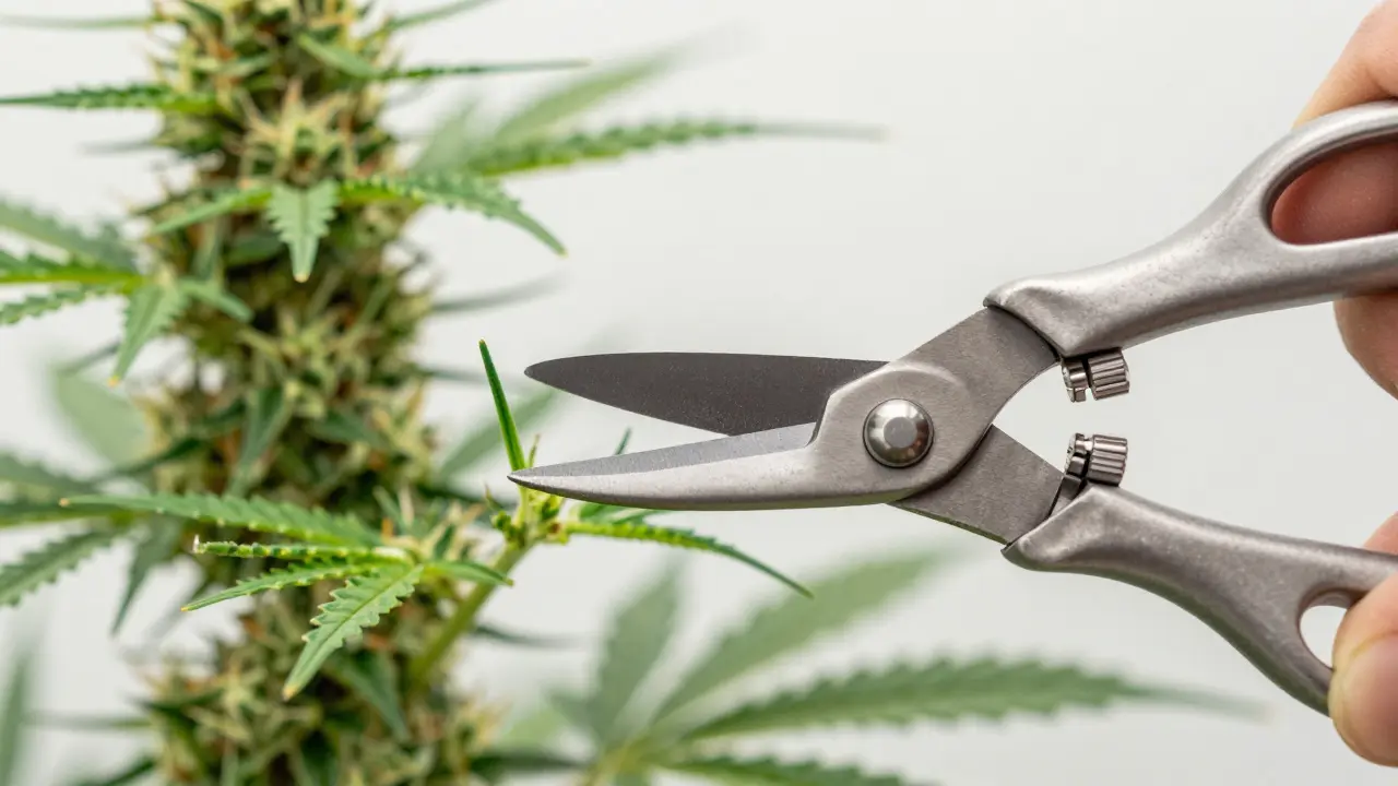 Nahaufnahme einer sterilisierten Schere, die vorsichtig einen unteren Trieb entfernt