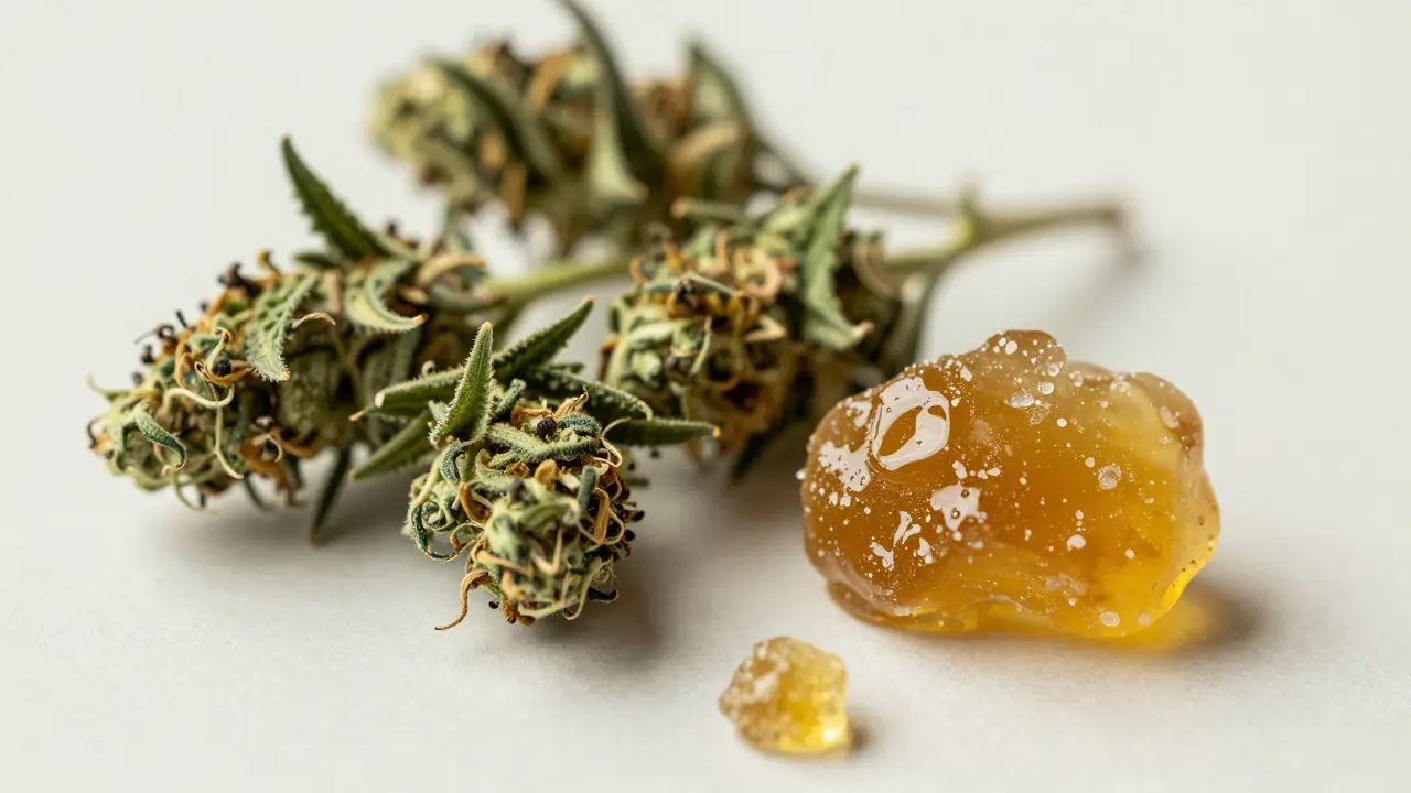 Nahaufnahme von CBD-Hanfblüten und einem goldfarbenen, glasartigen CBD-Shatter-Konzentrat.