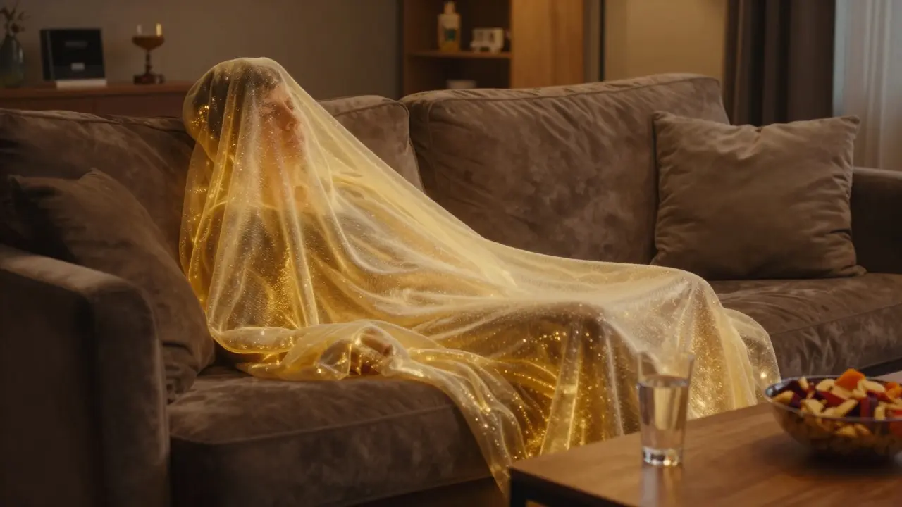 Person entspannt auf einem Sofa, eingehüllt in eine symbolische goldene Lichtdecke der Entspannung.