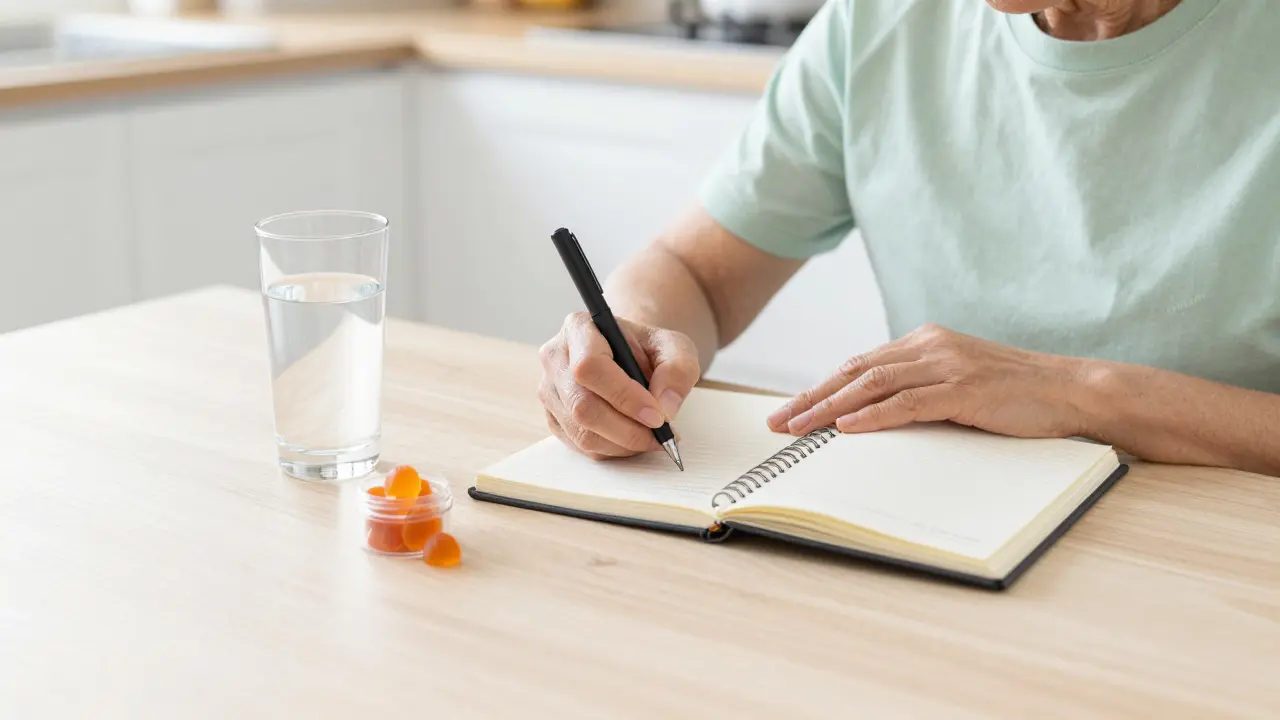 Seniore schreibt Fortschritte und Dosierung in ein Gesundheitstagebuch
