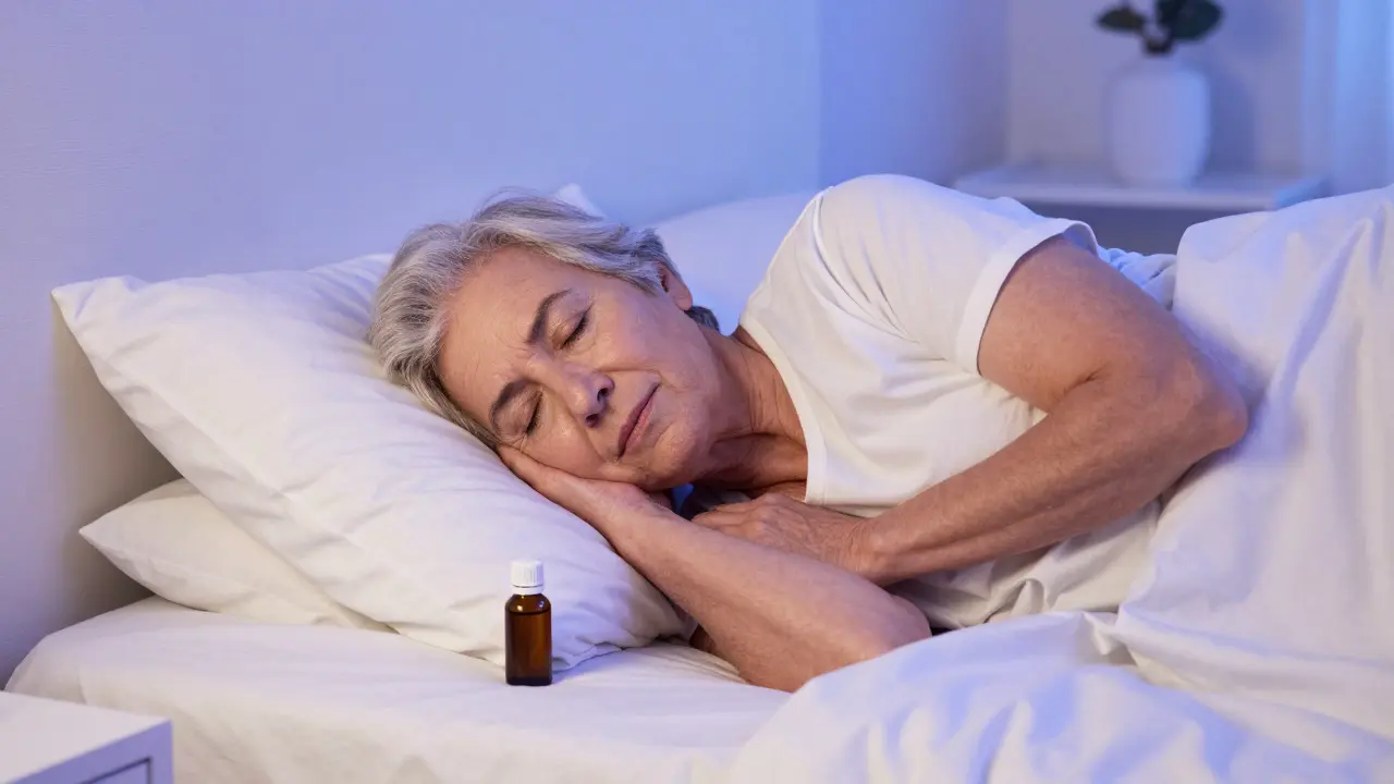Senioren schlafen friedlich und tief in einem hellen, kühlen Schlafzimmer.