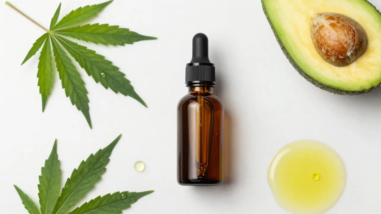 Stillleben mit CBD-Öl, Hanfblatt und Avocado zur Darstellung des Entourage-Effekts.