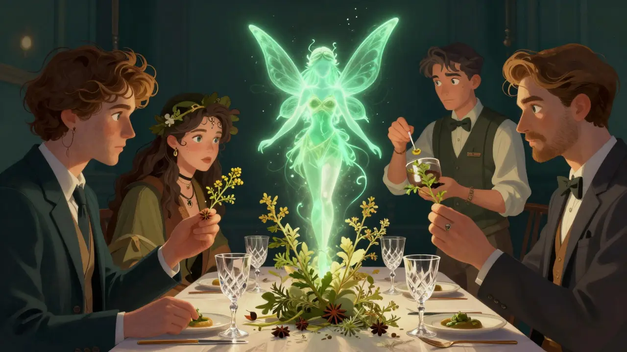 Surreale Darstellung verschiedener Absinth-Liebhaber mit der symbolischen Grünen Fee.