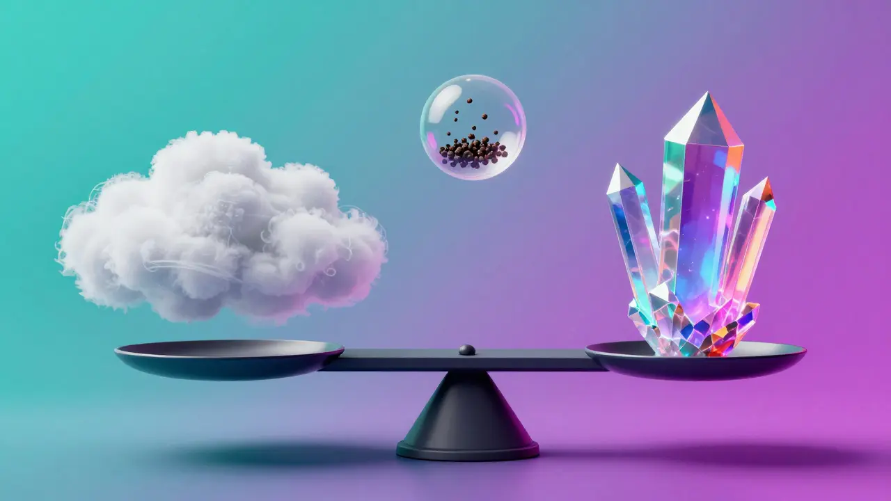 Surreale Waage zwischen einer weichen Wolke und einem neonfarbenen Kristall in einem Traumraum.