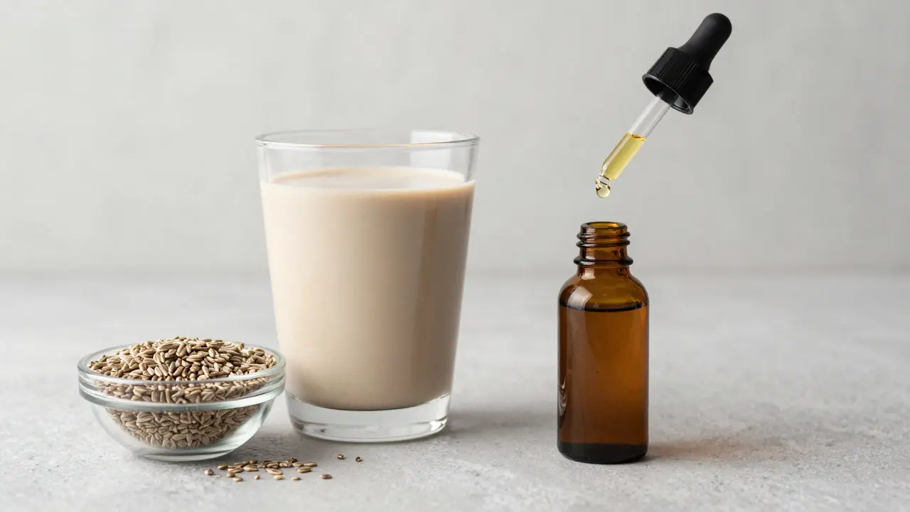 Vergleich zwischen einem Hanfprotein-Shake und einer Flasche CBD-Öl.