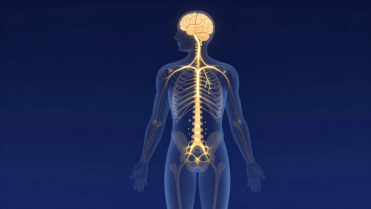 Abstrakte Illustration des Endocannabinoid-Systems mit leuchtenden neuronalen Wegen