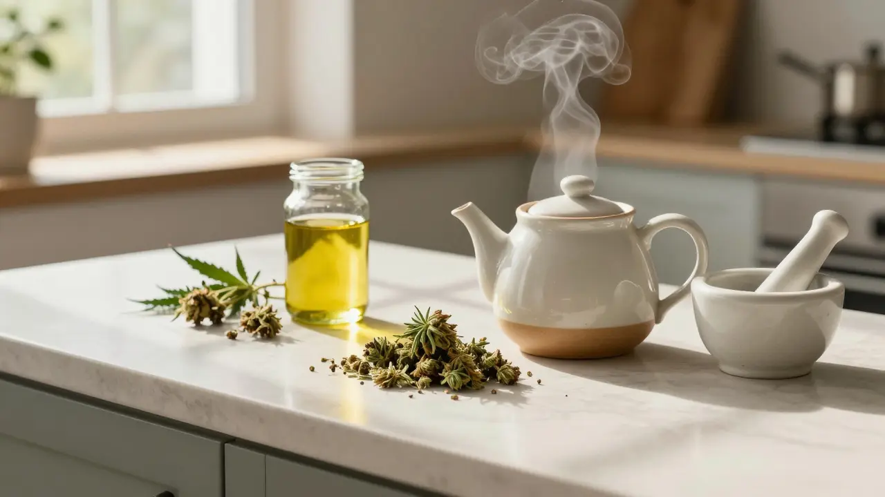 CBD-Blüten neben Teezubehör und Öl für die Hausgebrauch