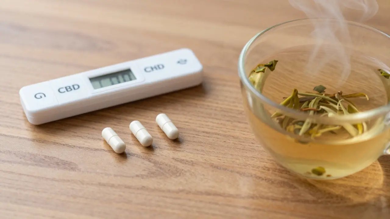 CBD-Kapseln und Tee als Symbol für tägliche Gesundheitsroutine