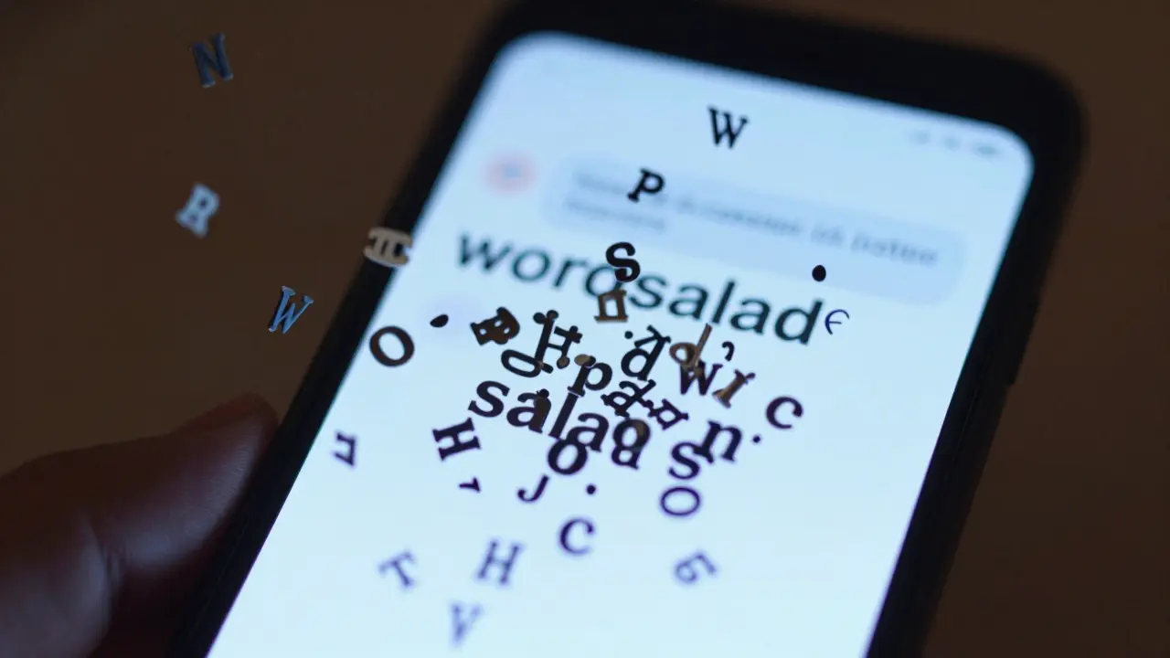 Chaotische Textnachricht mit verstreuten Buchstaben auf dem Bildschirm