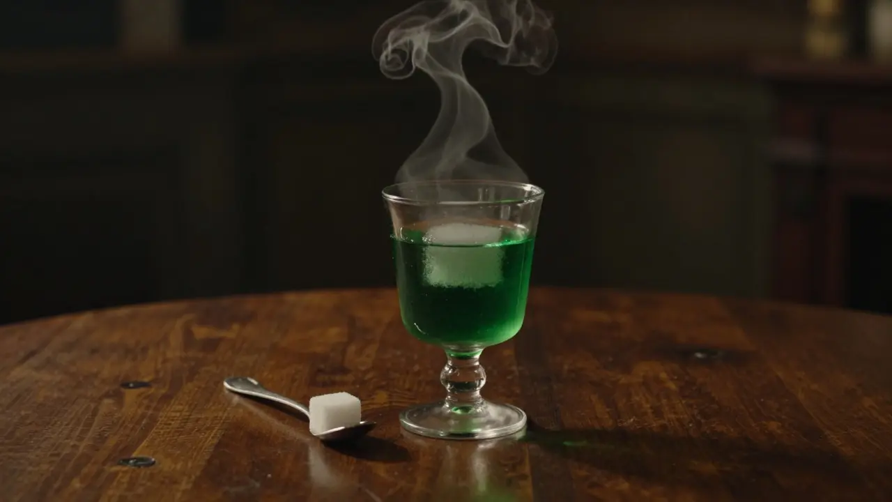 Ein Glas grüner Absinth mit Zuckerraffinerie im historischen Stil