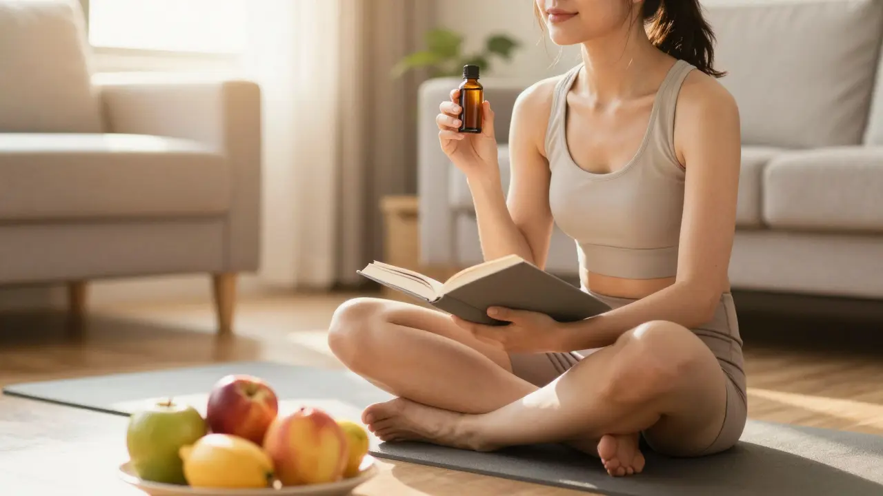 Frau entspannt mit CBD-Öl und Buch, gesundes Essen im Vordergrund.