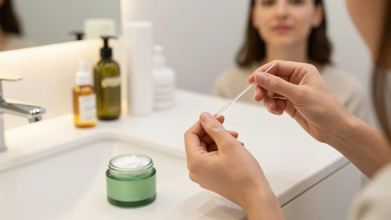 Fraue macht einen Patch-Test mit Creme am Handgelenk