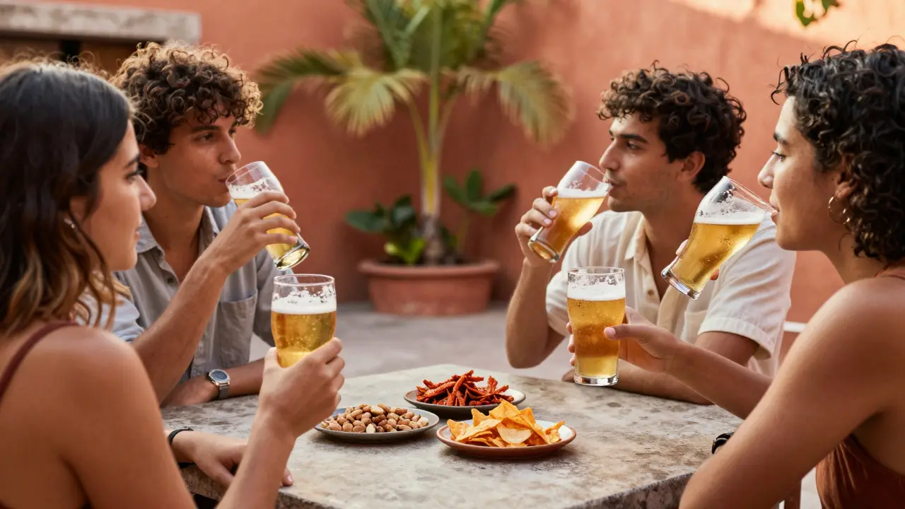 Freunde genießen Bier und Snacks bei einer geselligen Zusammenkunft im Freien
