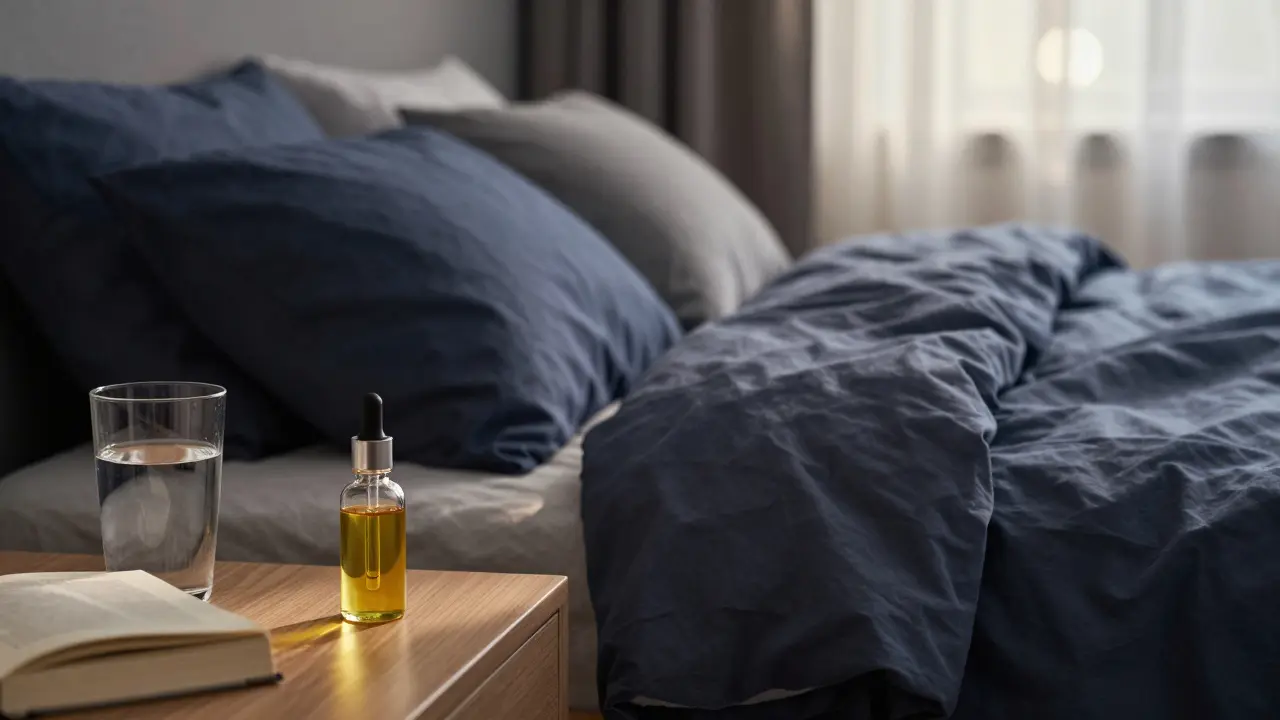 Friedliches Schlafzimmer mit Ölflasche und Wasserglas auf dem Nachttisch
