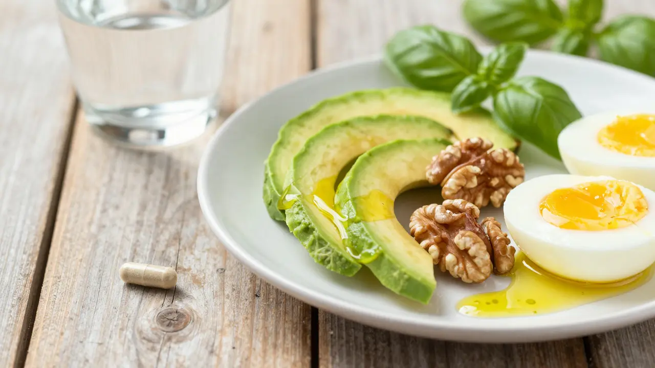 Gesundes Fettmahlzeit mit Avocado und CBD-Kapsel