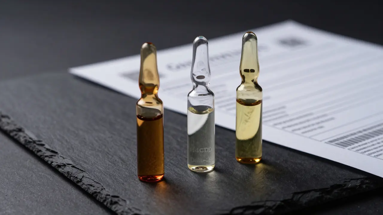 Glaskolben mit Cannabinoid-Ölen und Labortestdokument