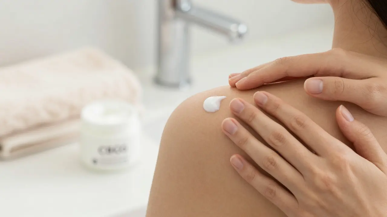 Hände, die sanft eine Creme auf die Schulter auftragen zur Linderung von Schmerzen