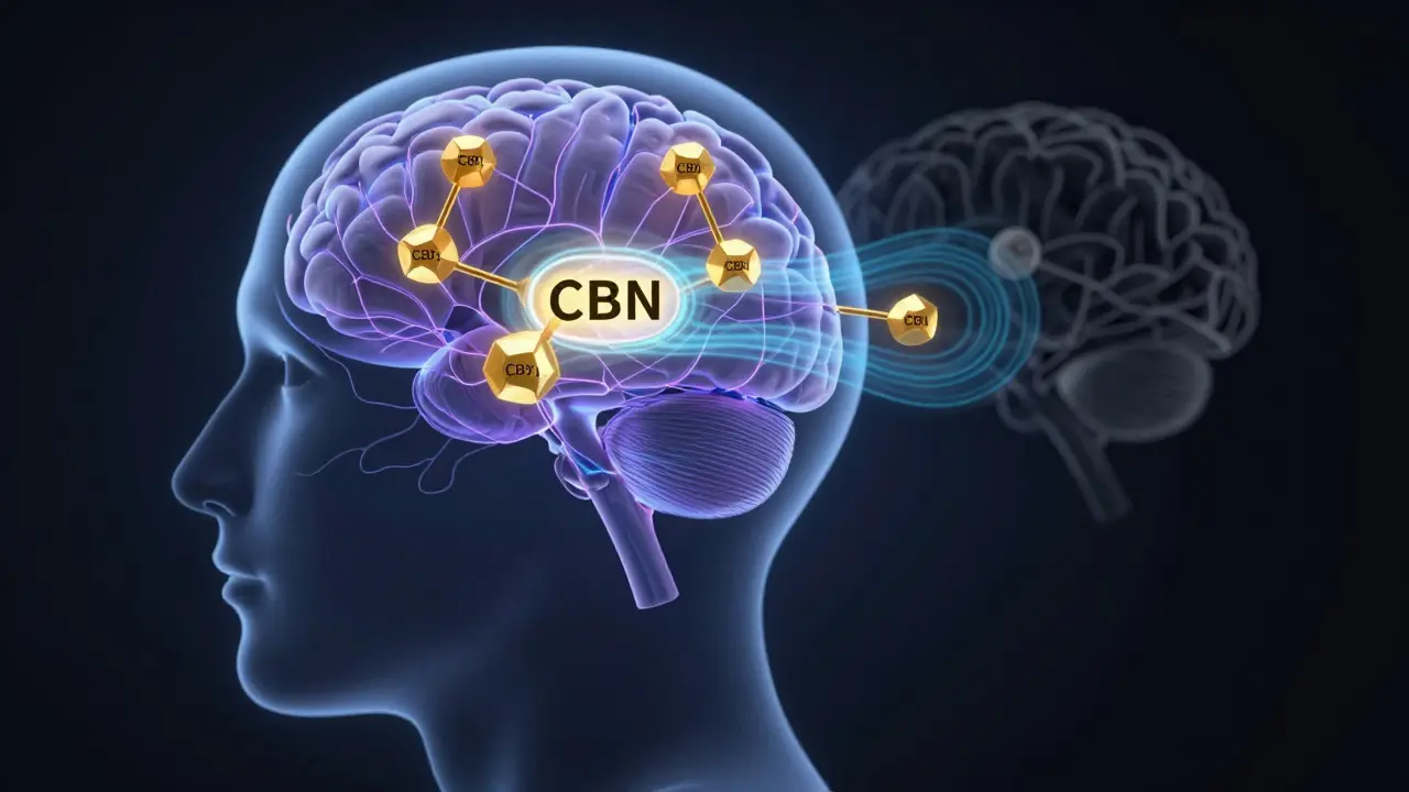 Illustration der CBN-Moleküle, die an Gehirnrezeptoren binden