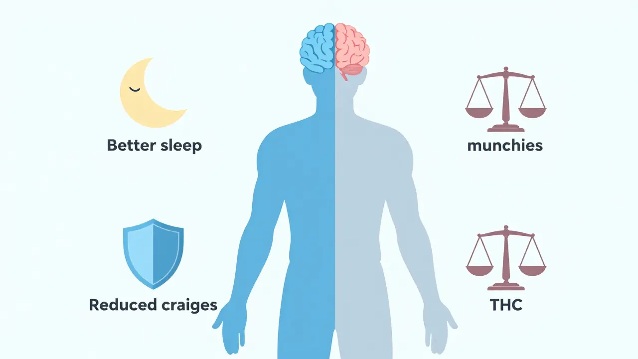 Illustration des Einflusses von CBD auf Appetit, Stress und Stoffwechsel im Körper.