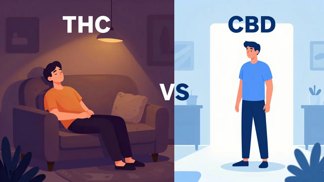 Konzeptionelle Darstellung der unterschiedlichen Wirkungen von THC und CBD durch Farben.