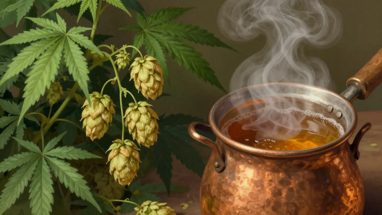 Künstlerische Darstellung des Brauprozesses mit Hanf, Hopfen und Kupferkessel