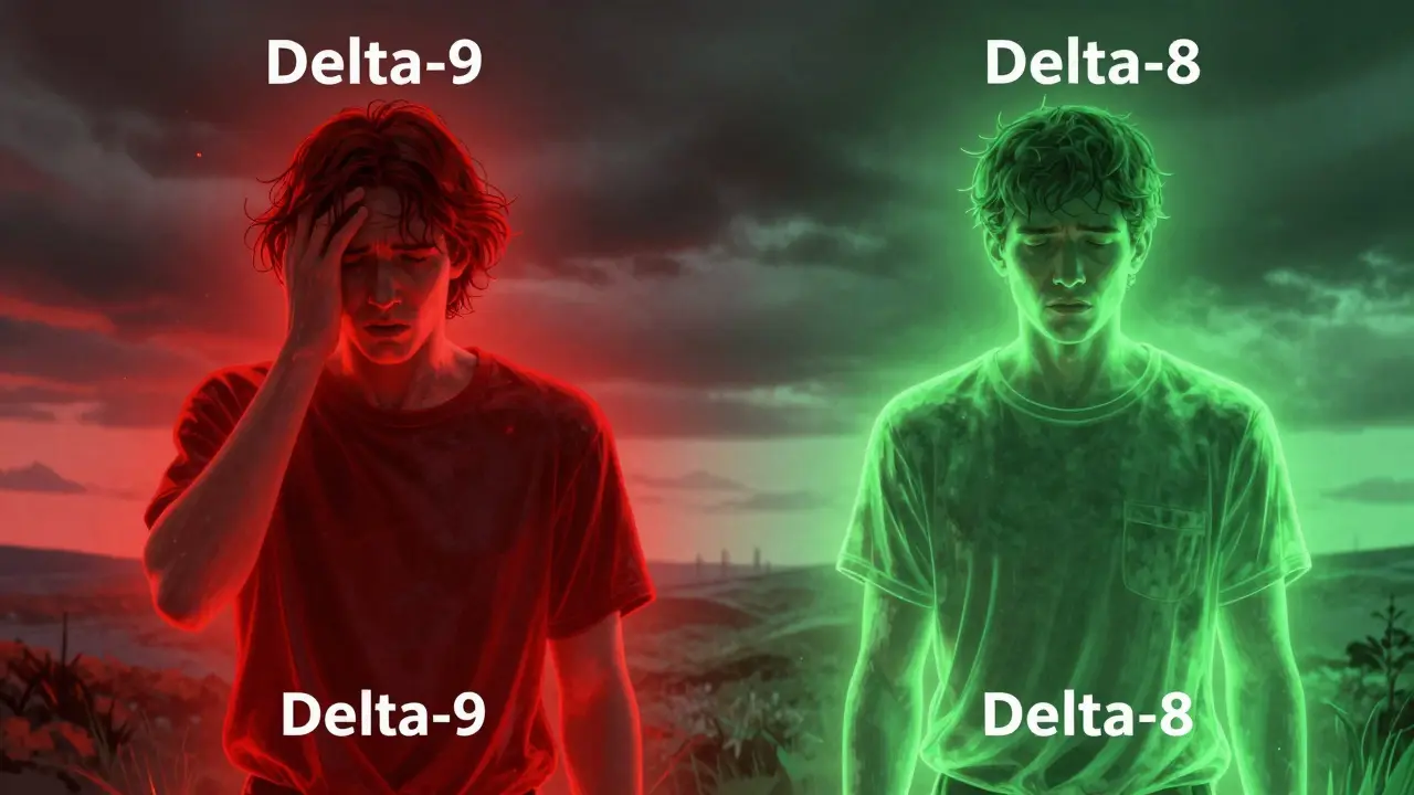 Künstlerischer Vergleich von Delta-8 und Delta-9-Wirkung durch Licht