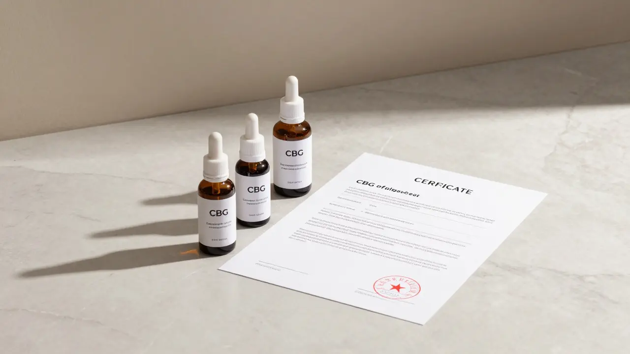 Luxuriöse CBG-Hautpflegeprodukte neben einem Laborprüfzertifikat.
