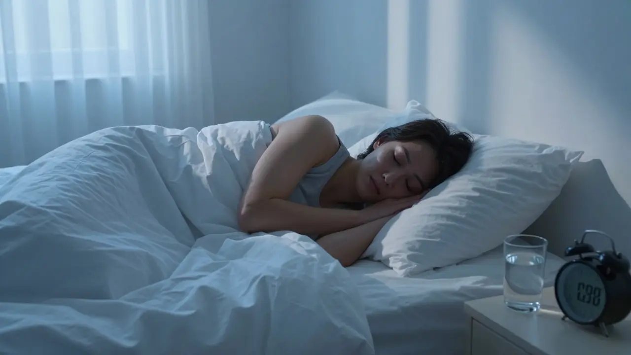 Person schläft friedlich im Bett bei sanftem Mondlicht