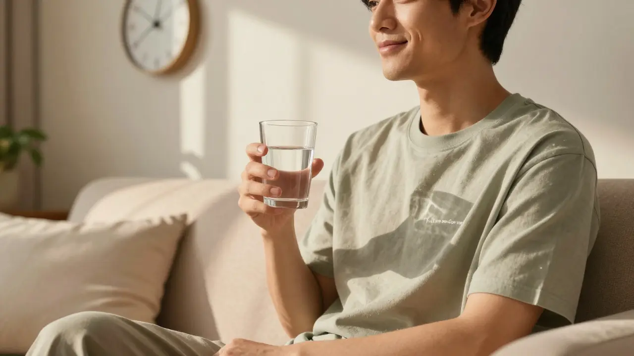 Ruhige Person mit Wasserglas in einem sonnigen Wohnzimmer