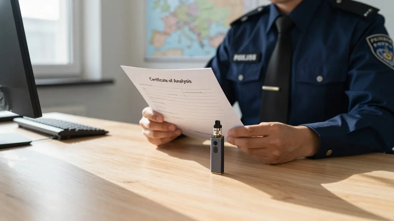 Zollbeamter prüft Laborbericht und Vape-Cart an einem Schreibtisch