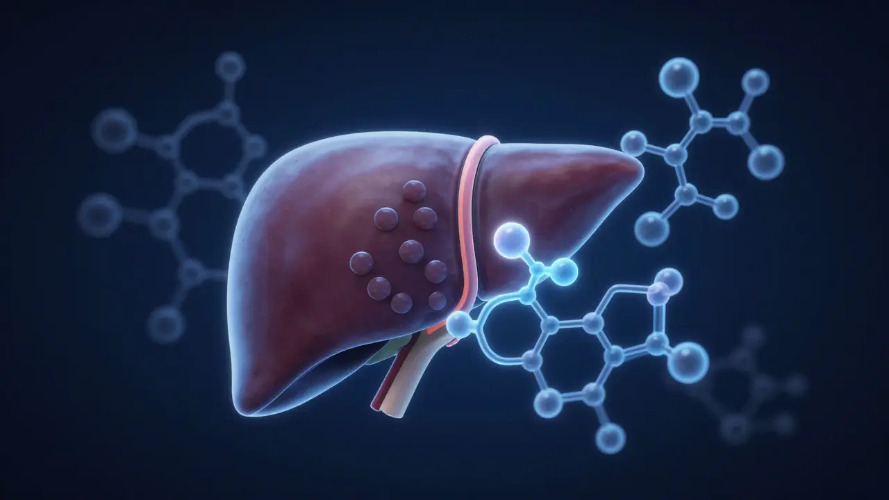 Abstrakte Darstellung der Leberenzyme und CBD-Moleküle
