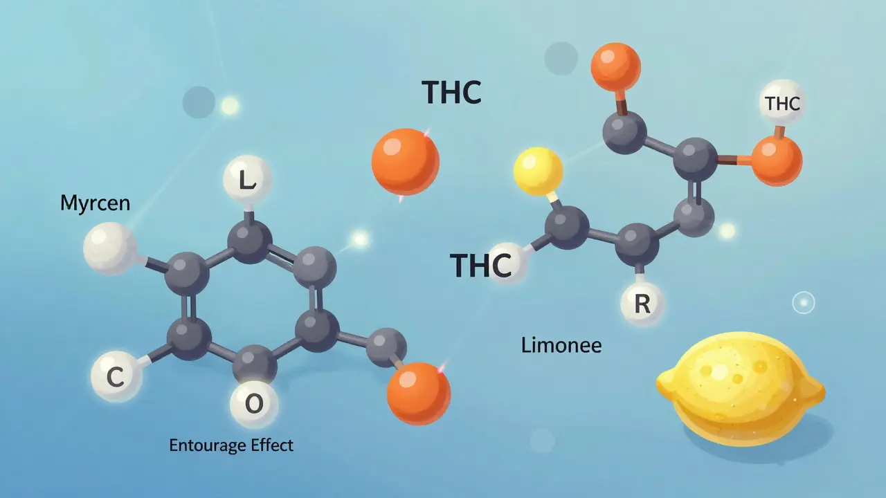 Abstrakte Darstellung des Entourage-Effekts von Cannabinoiden und Terpenen