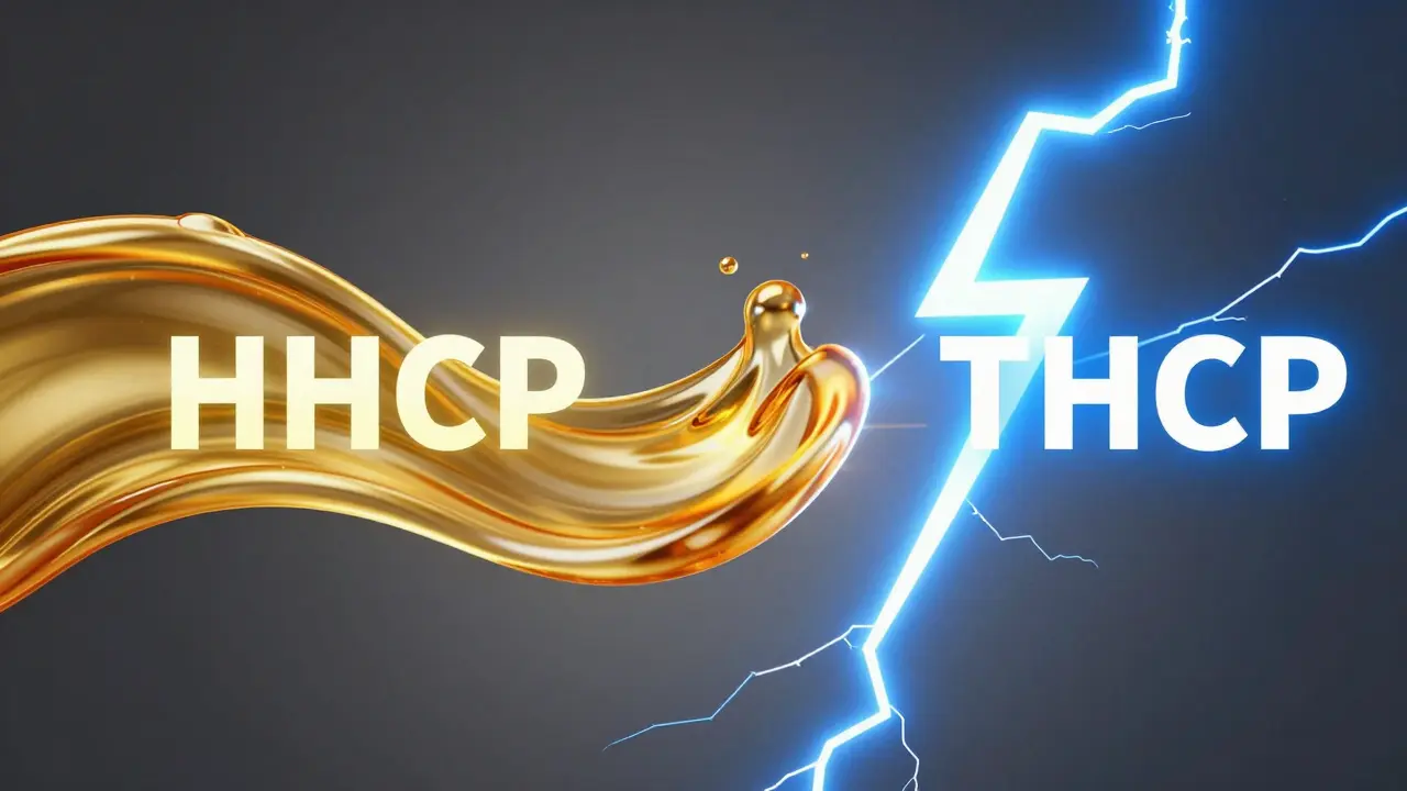 Abstrakter Vergleich: goldener Fluss für HHCP und Blitze für THCP