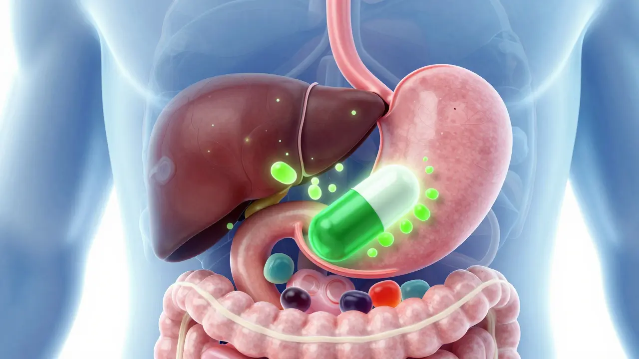 Anatomische Illustration der Verdauung von CBD-Kapseln versus Gummis im Körper