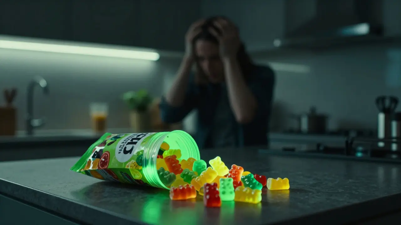 Bunte Gummibärchen mit grünem Schein symbolisieren versteckte THC-Risiken