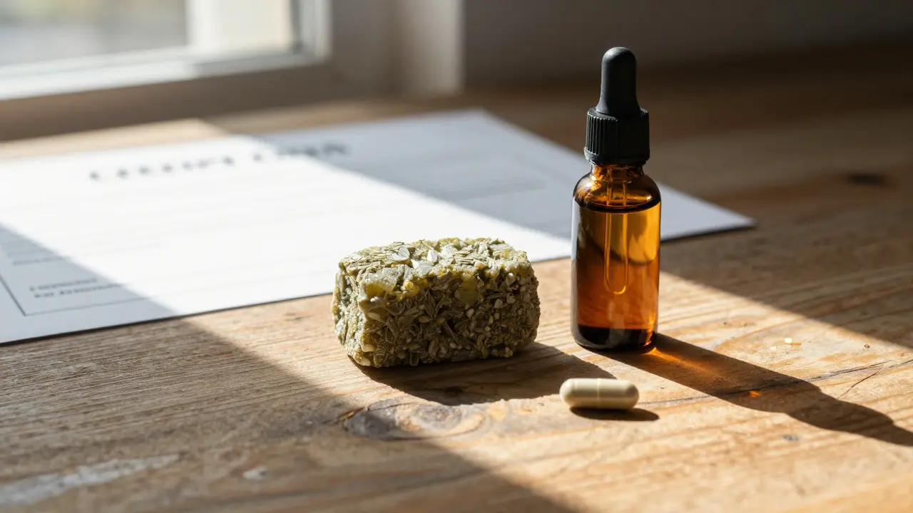 CBD-Hash, Ölflasche und Kapseln auf Holztisch
