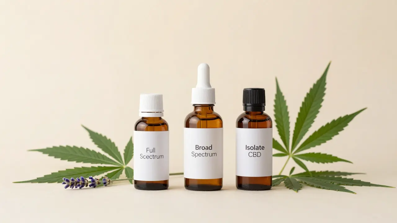 Drei CBD-Öltypen mit Hanfblättern und Lavendel dargestellt