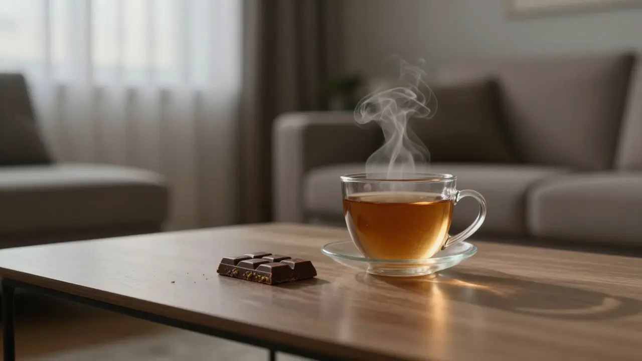 Ein Stück Cannabis-Schokolade auf einem Tisch bei abendlichem Licht