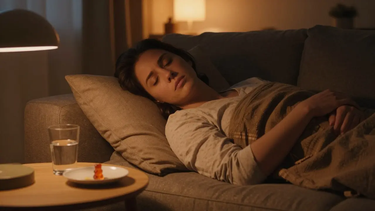 Entspannte Person auf dem Sofa am Abend nach Edible-Konsum